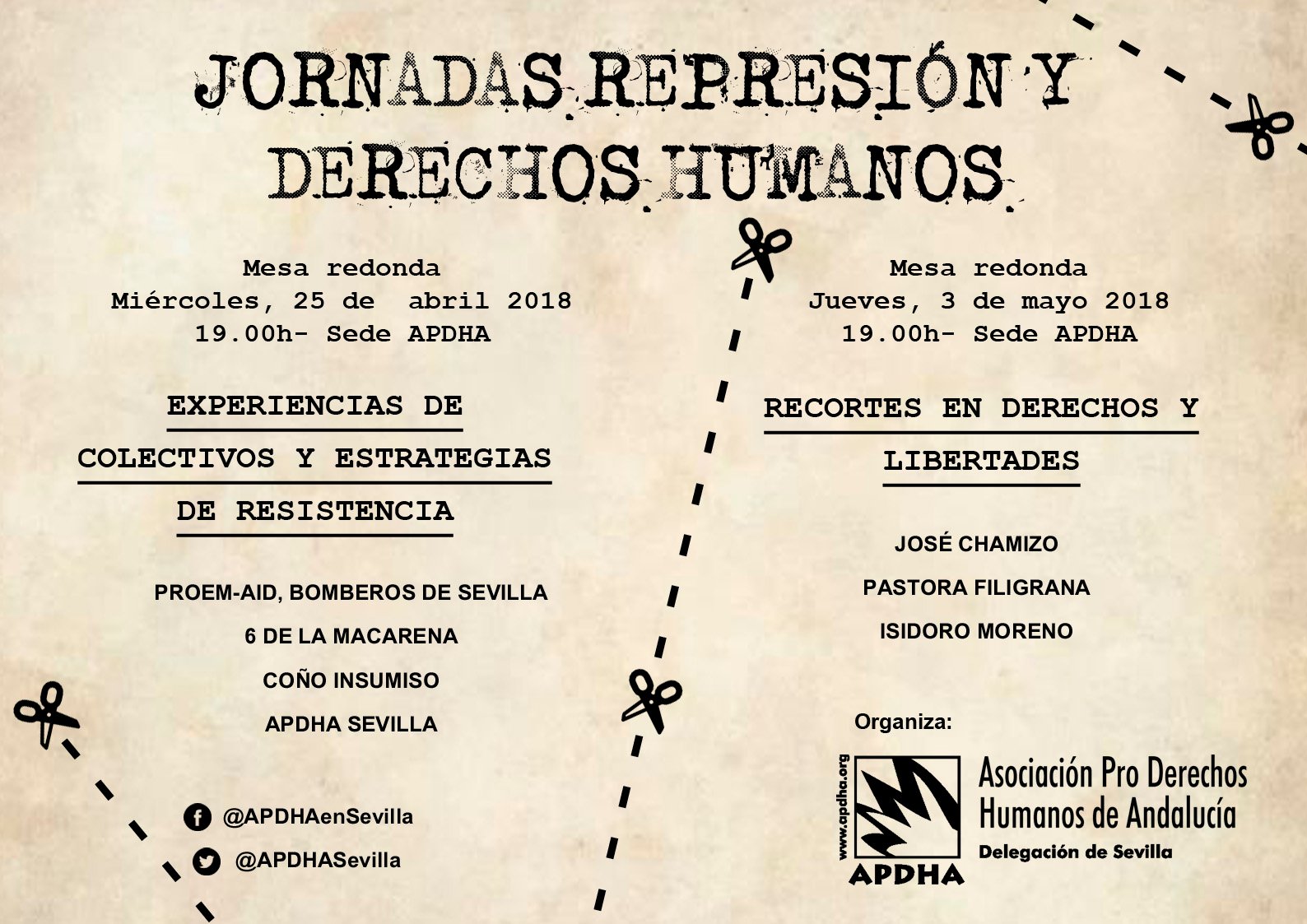 Cartel Jornadas Represión y DD HH abril y mayo 2018 Sevilla APDHA